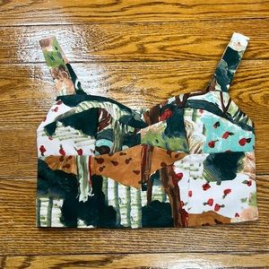 Jaspal bustier crop top.  Cream with brown, green & red print.  Zip back.